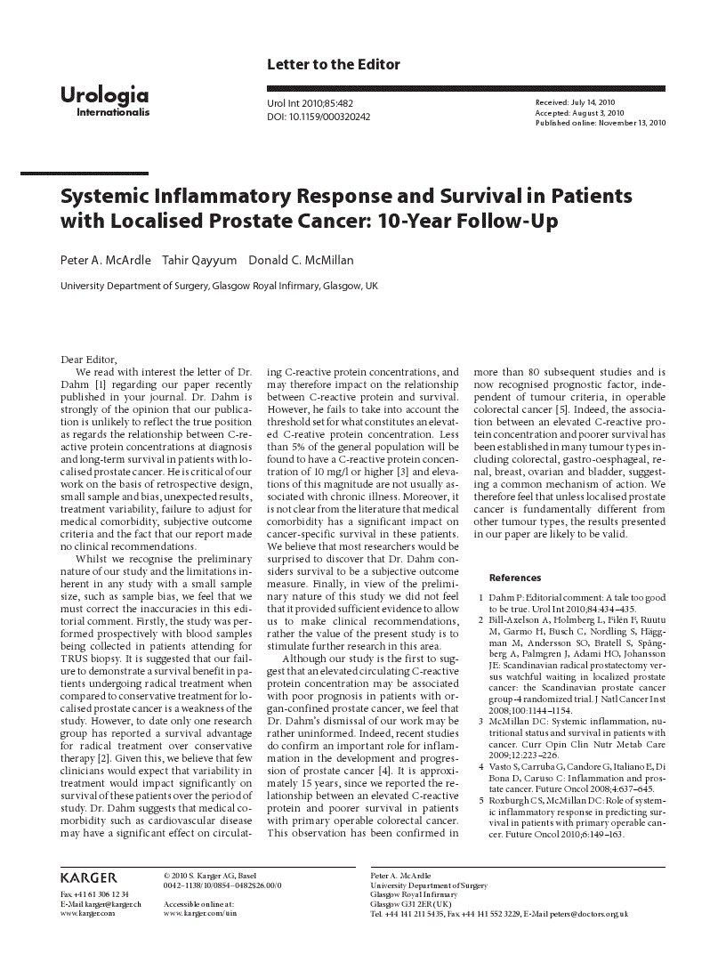 First page of Systemic Inflammatory Response and Survival in Patients with Localised Prostate Cancer: 10-Year Follow-Up