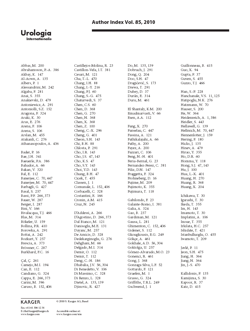 First page of Author Index Vol. 85, 2010