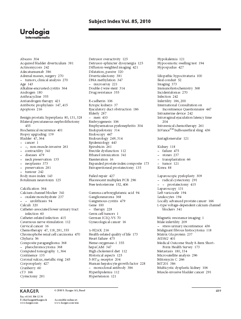 First page of Subject Index Vol. 85, 2010