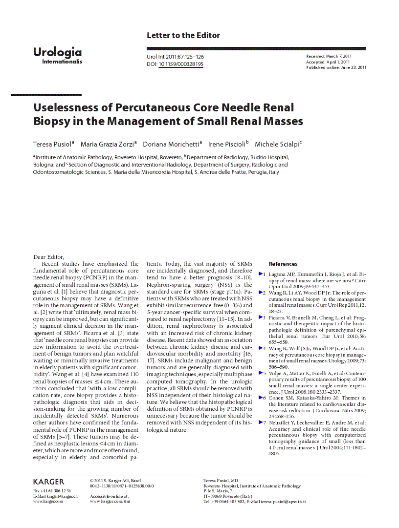 First page of Uselessness of Percutaneous Core Needle Renal Biopsy in the Management of Small Renal Masses