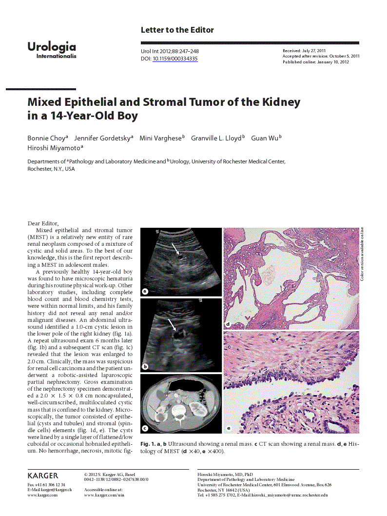 First page of Mixed Epithelial and Stromal Tumor of the Kidney in a 14-Year-Old Boy