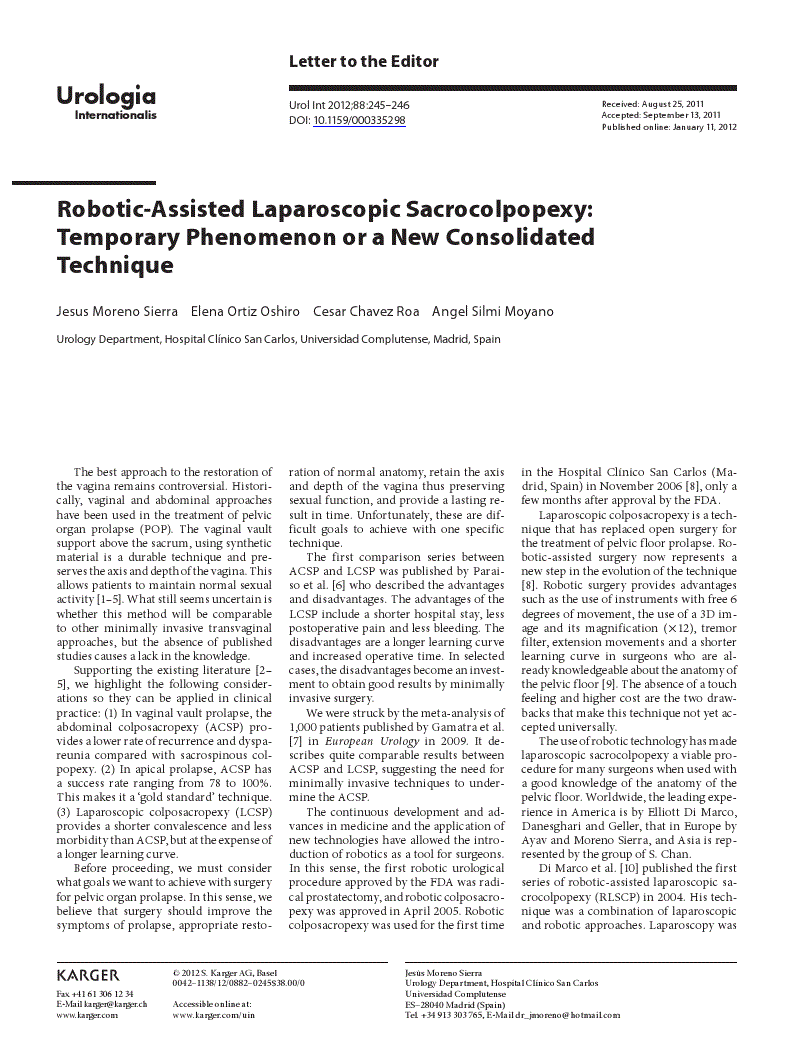 First page of Robotic-Assisted Laparoscopic Sacrocolpopexy: Temporary Phenomenon or a New Consolidated Technique