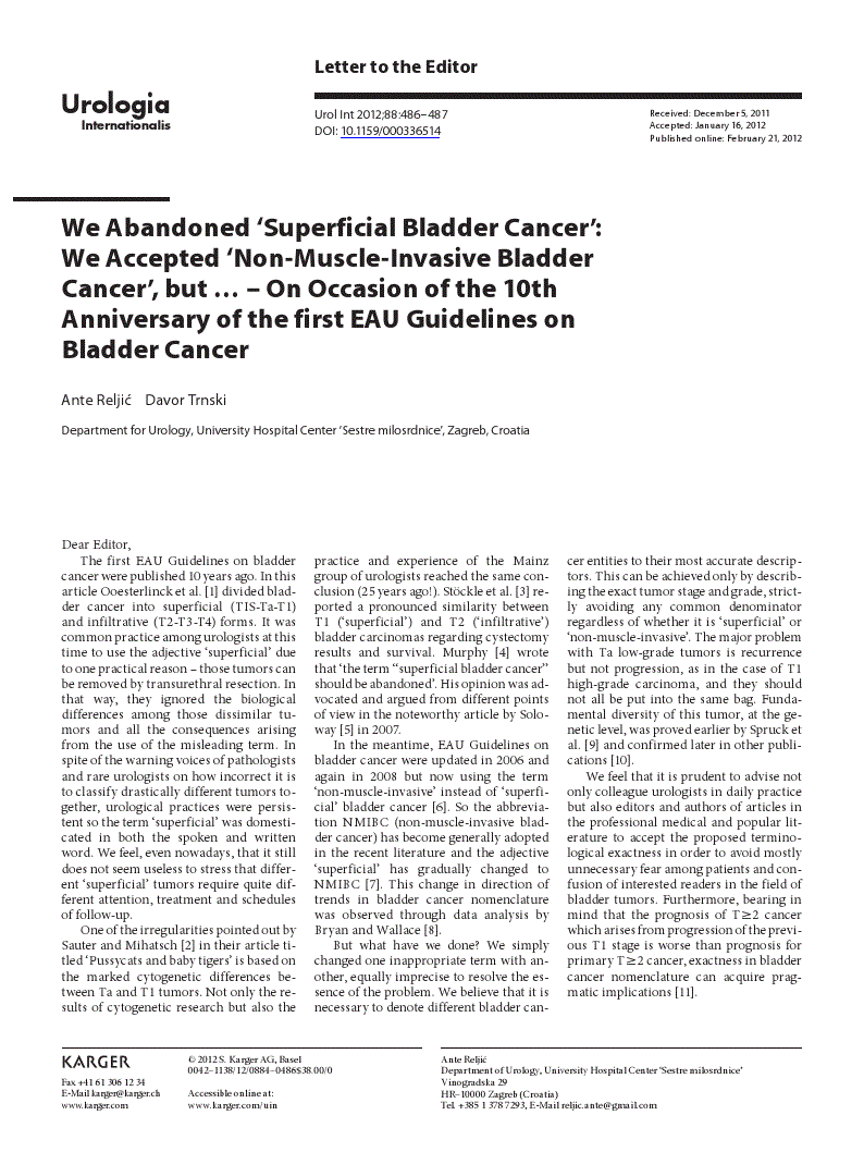 First page of We Abandoned ‘Superficial Bladder Cancer’: We Accepted ‘Non-Muscle-Invasive Bladder Cancer’, but ... – On Occasion of the 10th Anniversary of the first EAU Guidelines on Bladder Cancer