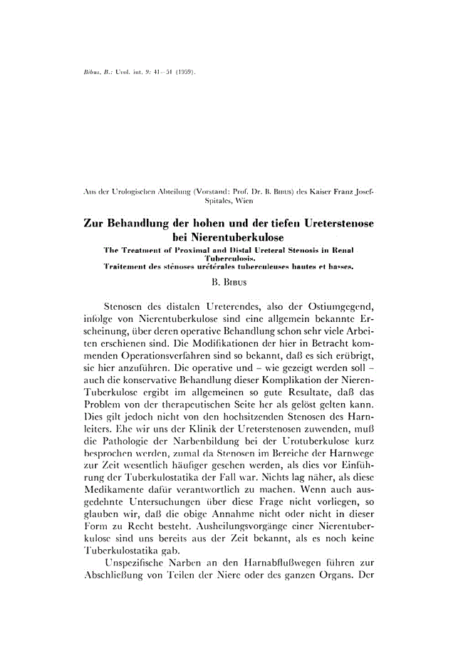 First page of Zur Behandlung der hohen und der tiefen Ureterstenose bei Nierentuberkulose