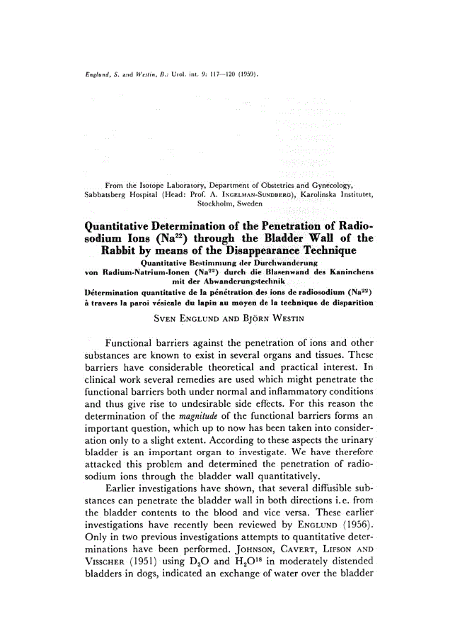 First page of Quantitative Determination of the Penetration of Radiosodium Ions (Na<sup>22</sup>) through the Bladder Wall of the Rabbit by means of the Disappearance Technique
