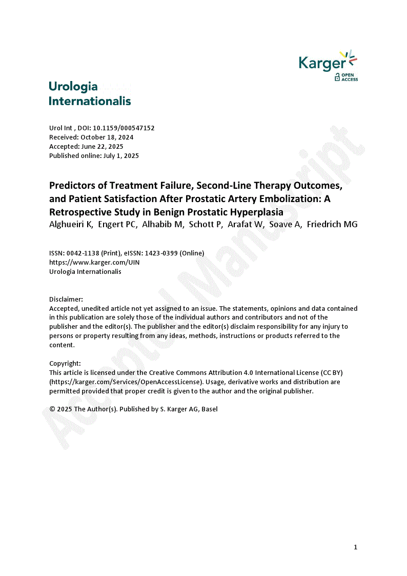 First page of Predictors of Treatment Failure, Second-Line Therapy Outcomes, and Patient Satisfaction After Prostatic Artery Embolization: A Retrospective Study in Benign Prostatic Hyperplasia