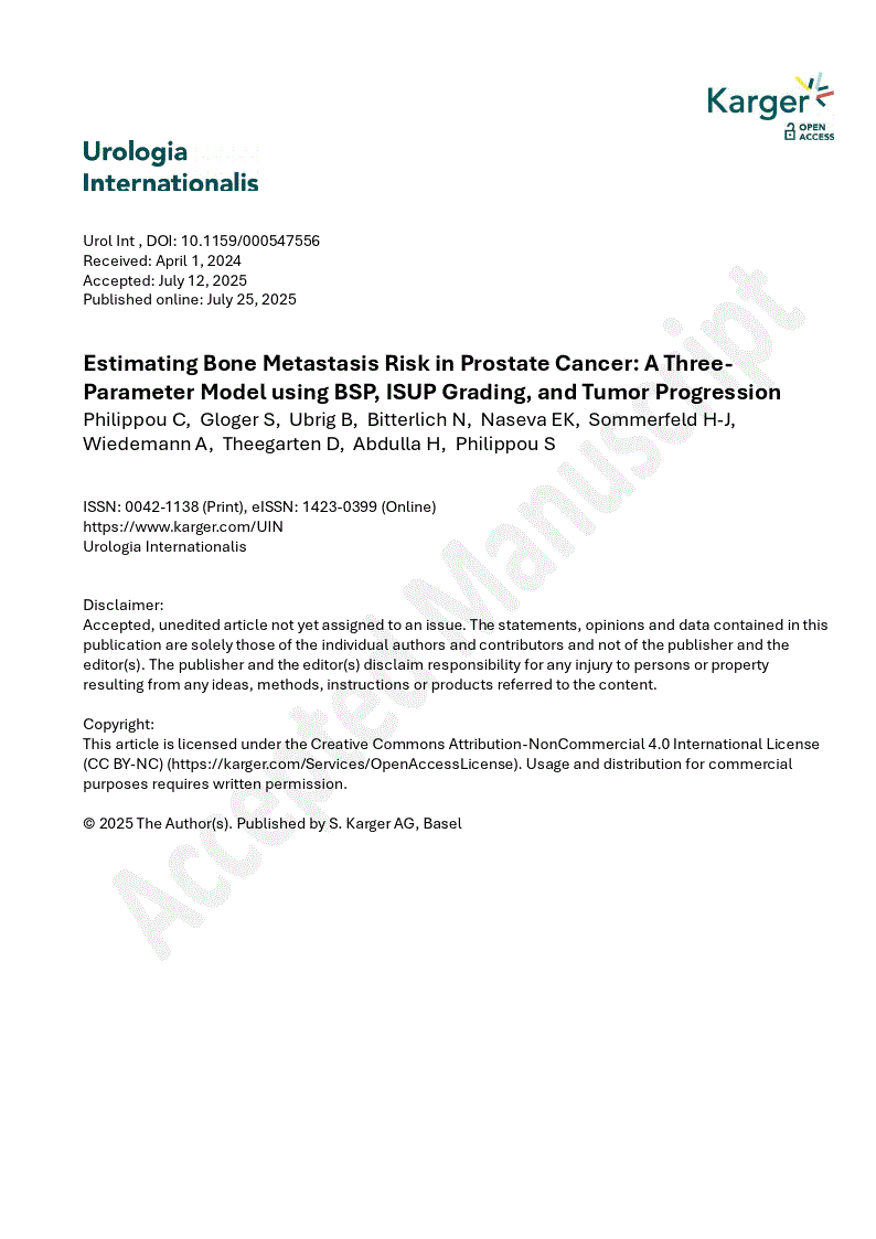 First page of Estimating Bone Metastasis Risk in Prostate Cancer: A Three-Parameter Model using BSP, ISUP Grading, and Tumor Progression