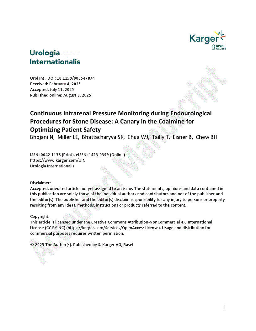 First page of Continuous Intrarenal Pressure Monitoring during Endourological Procedures for Stone Disease: A Canary in the Coalmine for Optimizing Patient Safety