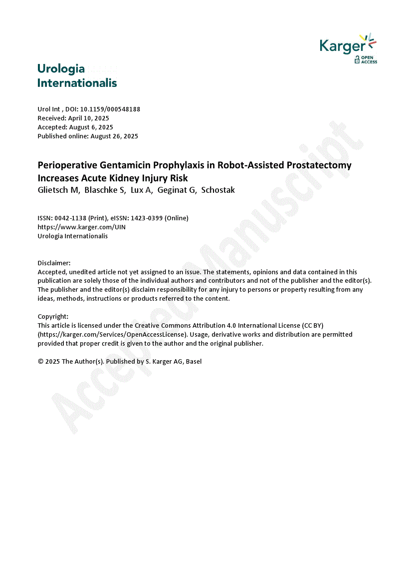 First page of Perioperative Gentamicin Prophylaxis in Robot-Assisted Prostatectomy Increases Acute Kidney Injury Risk