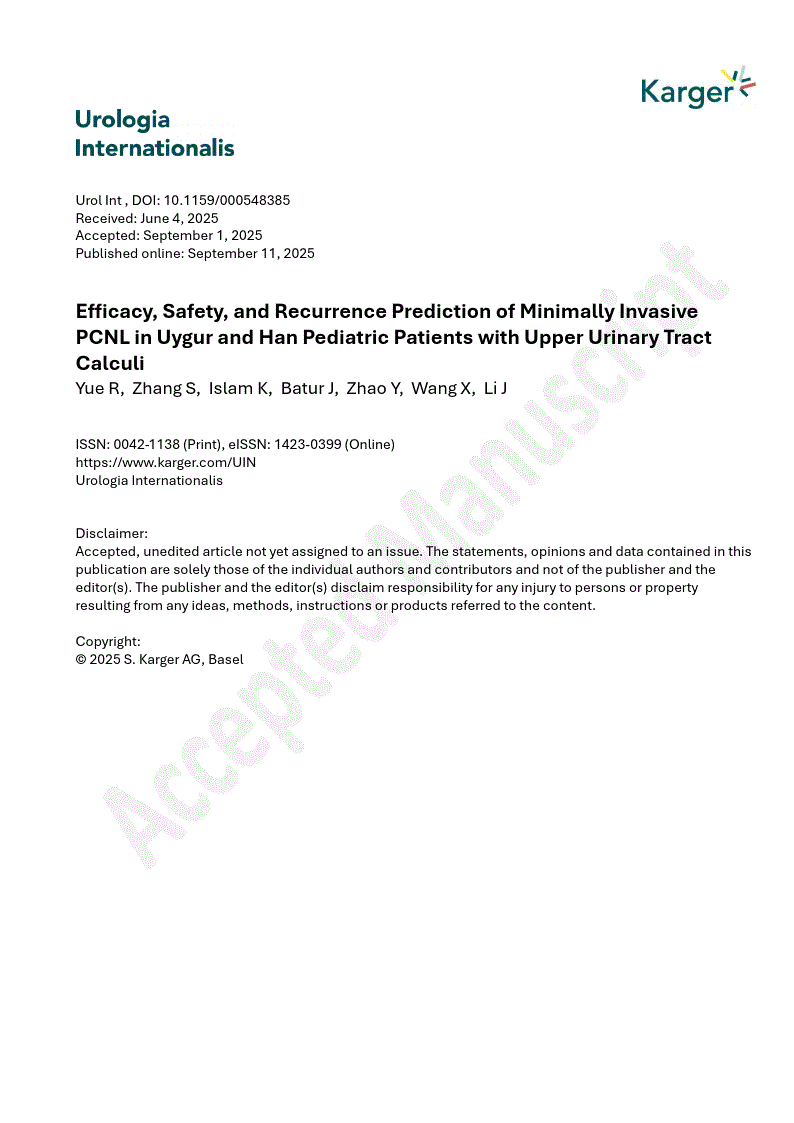 First page of Efficacy, Safety, and Recurrence Prediction of Minimally Invasive PCNL in Uygur and Han Pediatric Patients with Upper Urinary Tract Calculi