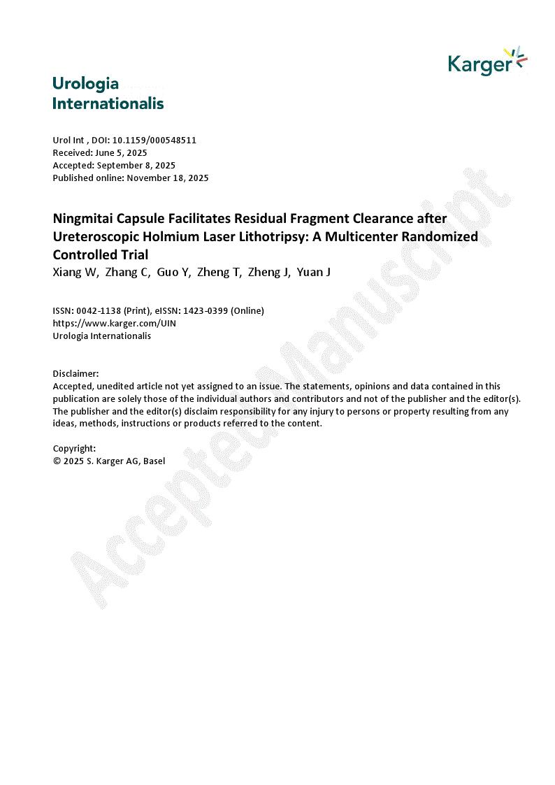 First page of Ningmitai Capsule Facilitates Residual Fragment Clearance after Ureteroscopic Holmium Laser Lithotripsy: A Multicenter Randomized Controlled Trial