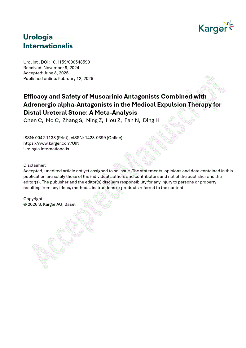 First page of Efficacy and Safety of Muscarinic Antagonists Combined with Adrenergic alpha-Antagonists in the Medical Expulsion Therapy for Distal Ureteral Stone: A Meta-Analysis