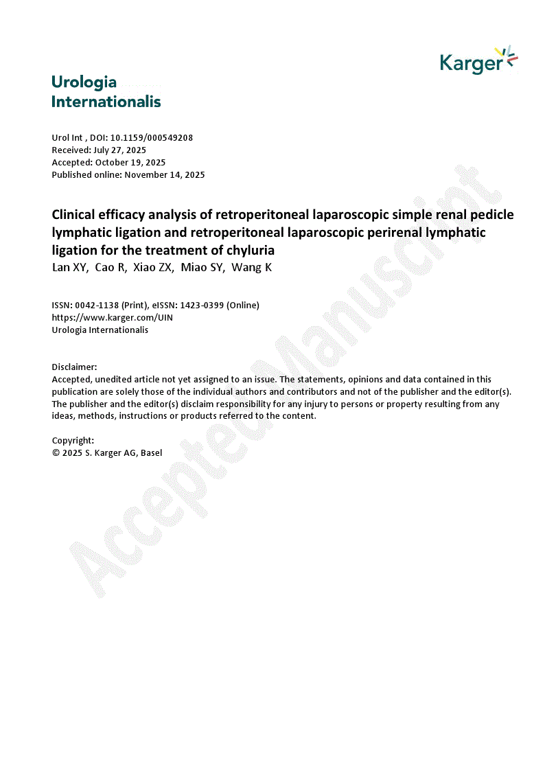 First page of Clinical efficacy analysis of retroperitoneal laparoscopic simple renal pedicle lymphatic ligation and retroperitoneal laparoscopic perirenal lymphatic ligation for the treatment of chyluria