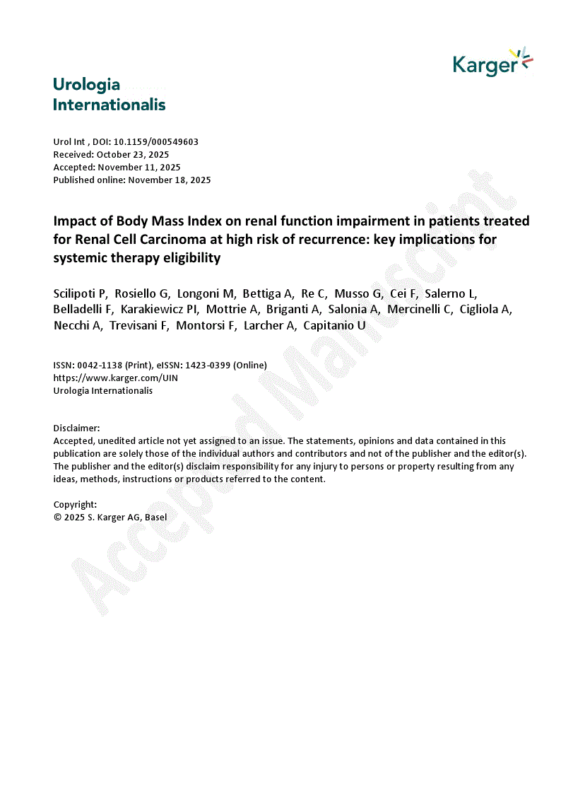 First page of Impact of Body Mass Index on renal function impairment in patients treated for Renal Cell Carcinoma at high risk of recurrence: key implications for systemic therapy eligibility 