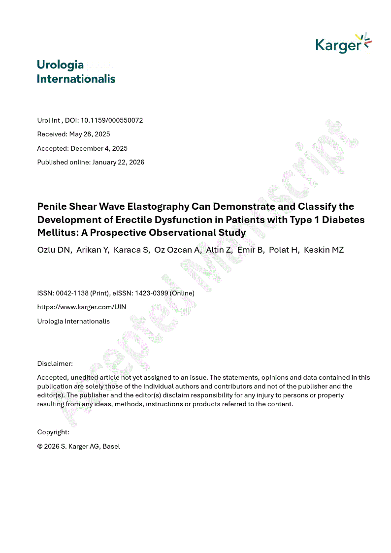 First page of Penile Shear Wave Elastography Can Demonstrate and Classify the Development of Erectile Dysfunction in Patients with Type 1 Diabetes Mellitus: A Prospective Observational Study