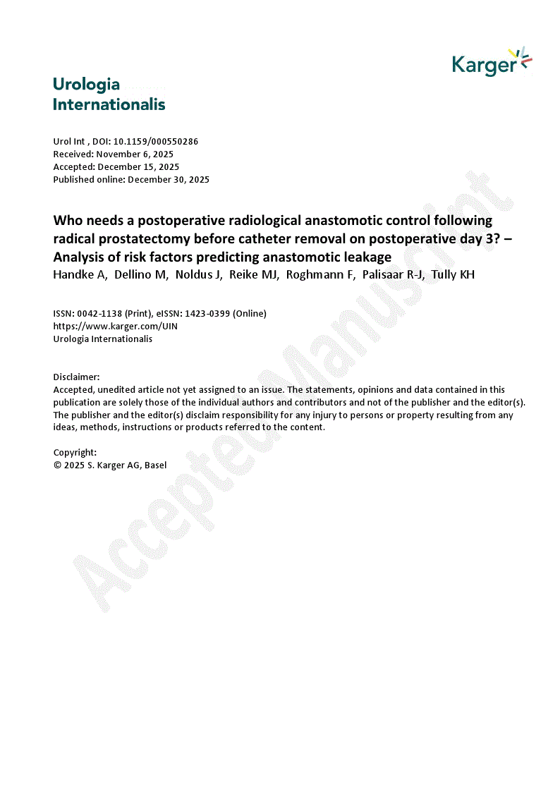 First page of Who needs a postoperative radiological anastomotic control following radical prostatectomy before catheter removal on postoperative day 3? – Analysis of risk factors predicting anastomotic leakage