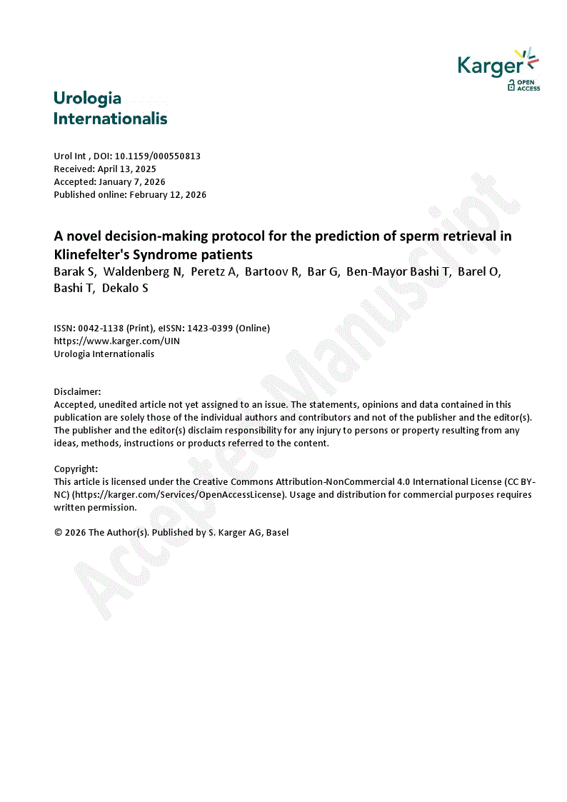 First page of A novel decision-making protocol for the prediction of sperm retrieval in Klinefelter's Syndrome patients