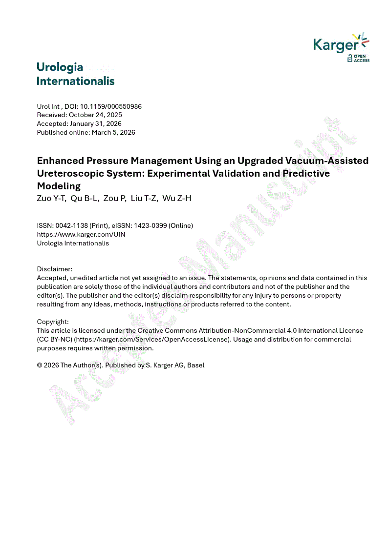 First page of Enhanced Pressure Management Using an Upgraded Vacuum-Assisted Ureteroscopic System: Experimental Validation and Predictive Modeling