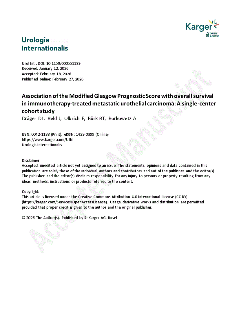 First page of Association of the Modified Glasgow Prognostic Score with overall survival in immunotherapy-treated metastatic urothelial carcinoma: A single-center cohort study