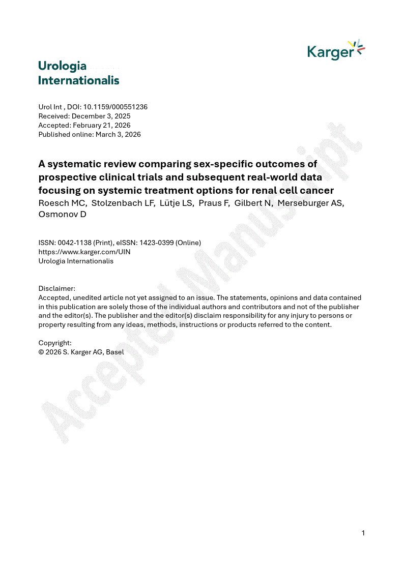 First page of A systematic review comparing sex-specific outcomes of prospective clinical trials and subsequent real-world data focusing on systemic treatment options for renal cell cancer