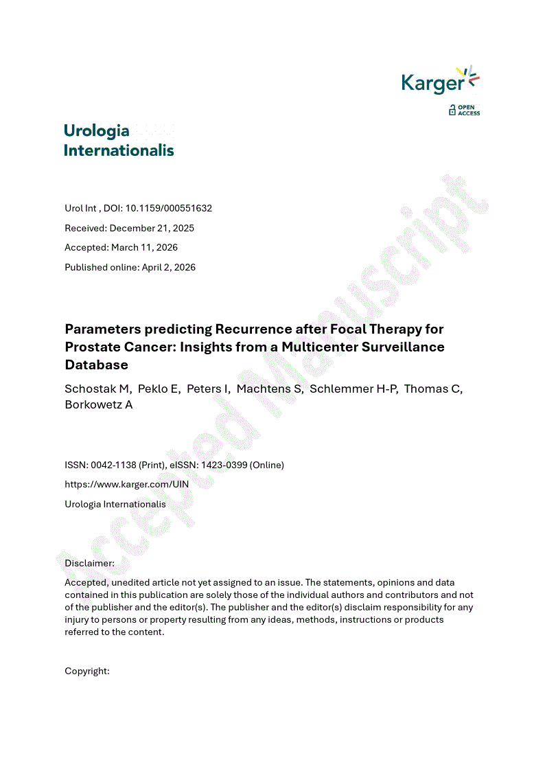 First page of Parameters predicting Recurrence after Focal Therapy for Prostate Cancer: Insights from a Multicenter Surveillance Database