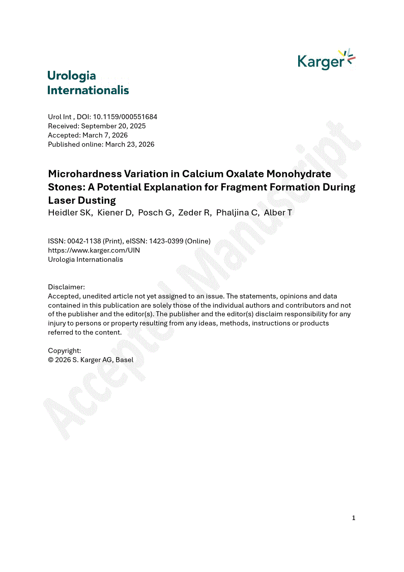 First page of Microhardness Variation in Calcium Oxalate Monohydrate Stones: A Potential Explanation for Fragment Formation During Laser Dusting