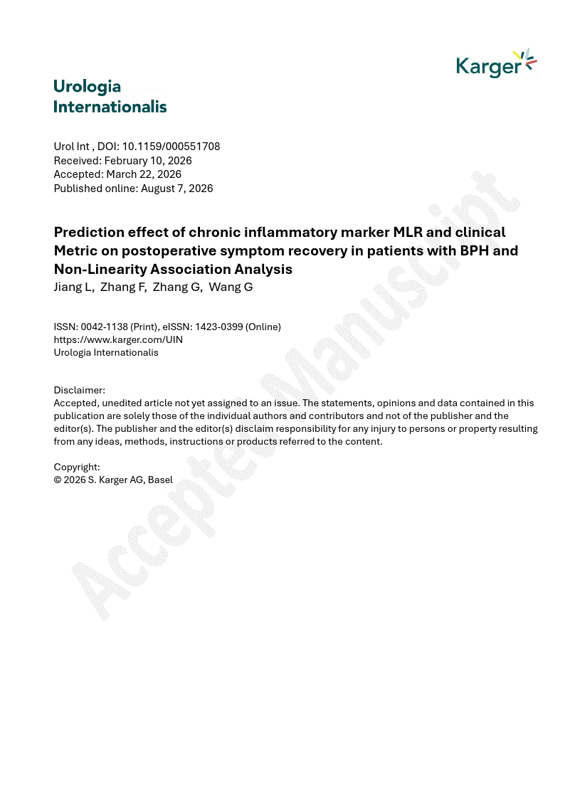First page of Prediction effect of chronic inflammatory marker MLR and clinical Metric on postoperative symptom recovery in patients with BPH and Non-Linearity Association Analysis