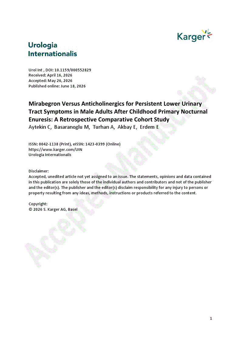 First page of Mirabegron Versus Anticholinergics for Persistent Lower Urinary Tract Symptoms in Male Adults After Childhood Primary Nocturnal Enuresis: A Retrospective Comparative Cohort Study
