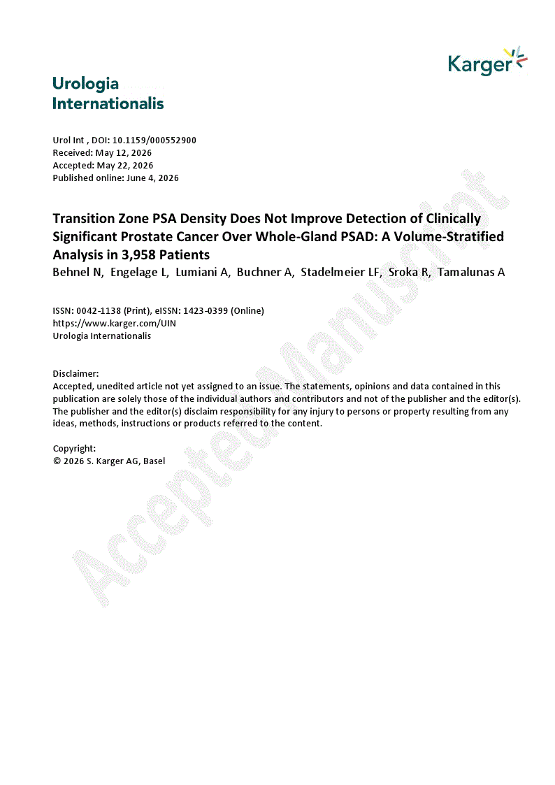 First page of Transition Zone PSA Density Does Not Improve Detection of Clinically Significant Prostate Cancer Over Whole-Gland PSAD: A Volume-Stratified Analysis in 3,958 Patients