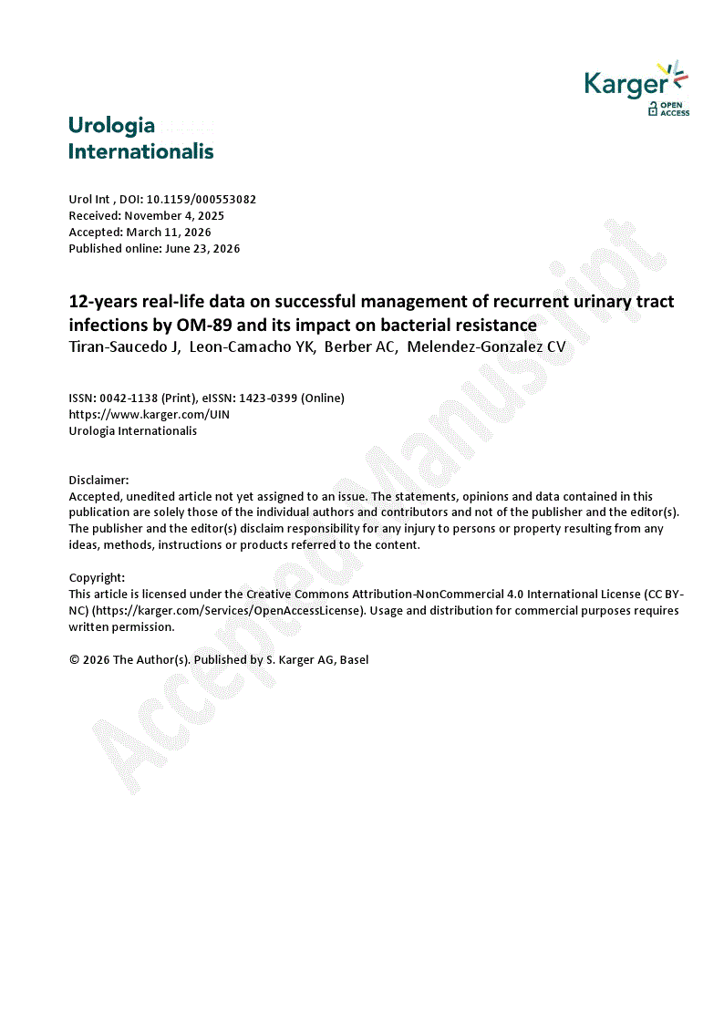 First page of 12-years real-life data on successful management of recurrent urinary tract infections by OM-89 and its impact on bacterial resistance