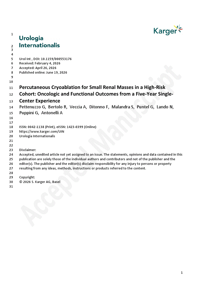 First page of Percutaneous Cryoablation for Small Renal Masses in a High-Risk Cohort: Oncologic and Functional Outcomes from a Five-Year Single-Center Experience
