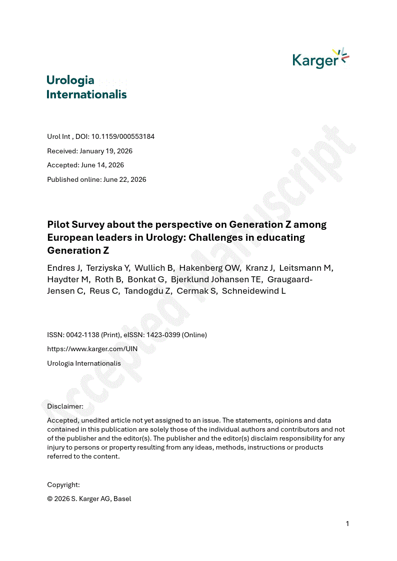First page of Pilot Survey about the perspective on Generation Z among European leaders in Urology: Challenges in educating Generation Z