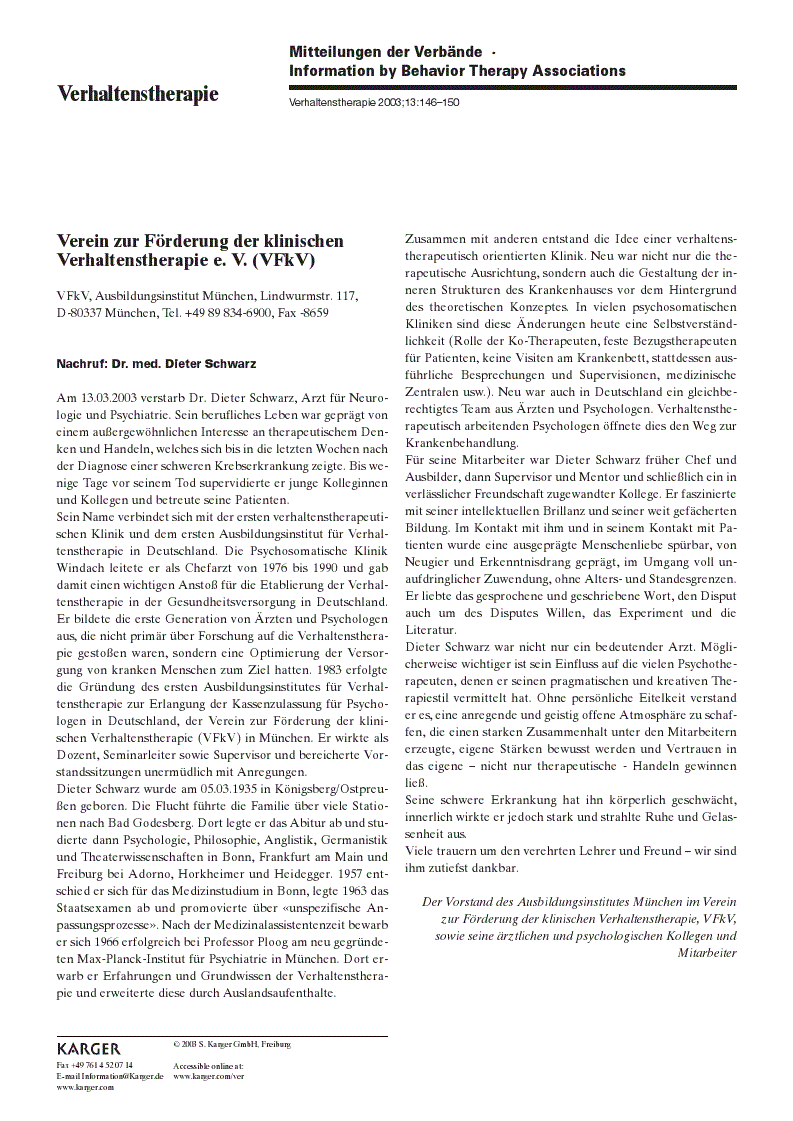 First page of Verein zur Förderung der klinischen Verhaltenstherapie e.V. (VFkV) / Deutsche Gesellschaft für Verhaltensmedizin und Verhaltensmodifikation (DGVM) / Arbeitsgemeinschaft für Verhaltensmodifikation e.V. (AVM)