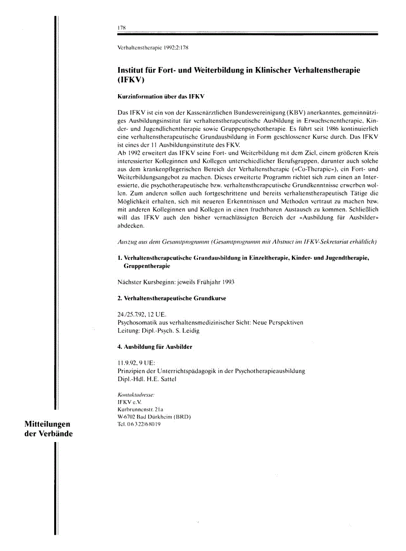 First page of Institut für Fort- und Weiterbildung in Klinischer Verhaltenstherapie (IFKV)