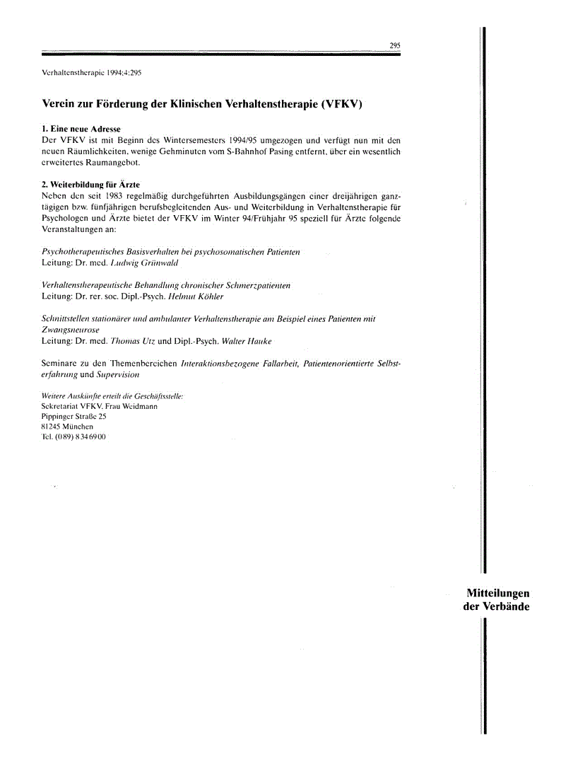 First page of Verein zur Förderung der Klinischen Verhaltenstherapie (VFKV)