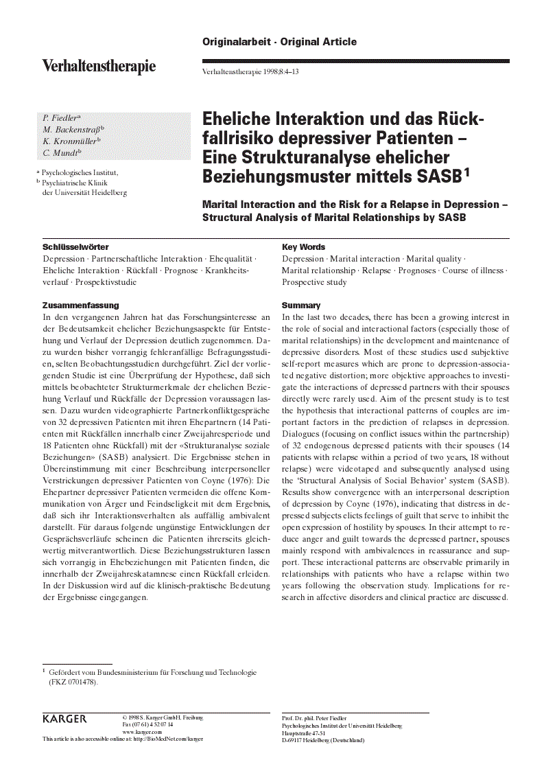 First page of Eheliche Interaktion und das Rückfallrisiko depressiver Patienten – Eine Strukturanalyse ehelicher Beziehungsmuster mittels SASB<subtitle>Marital Interaction and the Risk for a Relapse in Depression – Structural Analysis of Marital Relationships by SASB</subtitle>