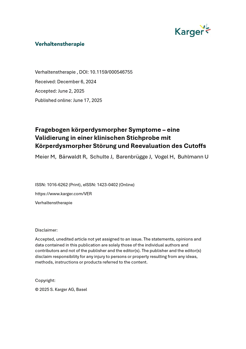 First page of Fragebogen körperdysmorpher Symptome – eine Validierung in einer klinischen Stichprobe mit Körperdysmorpher Störung und Reevaluation des Cutoffs