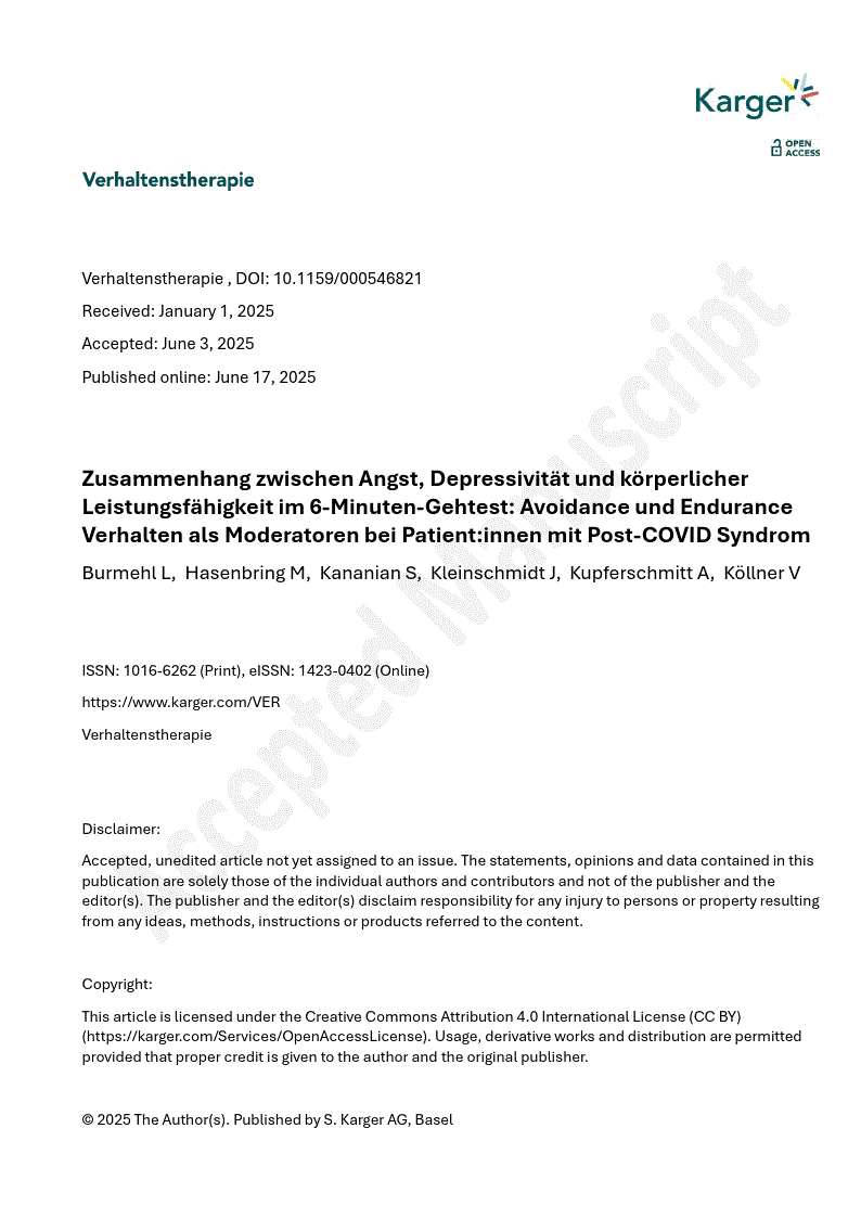 First page of Zusammenhang zwischen Angst, Depressivität und körperlicher Leistungsfähigkeit im 6-Minuten-Gehtest: Avoidance und Endurance Verhalten als Moderatoren bei Patient:innen mit Post-COVID Syndrom