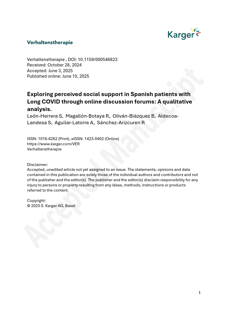 First page of Exploring perceived social support in Spanish patients with Long COVID through online discussion forums: A qualitative analysis.