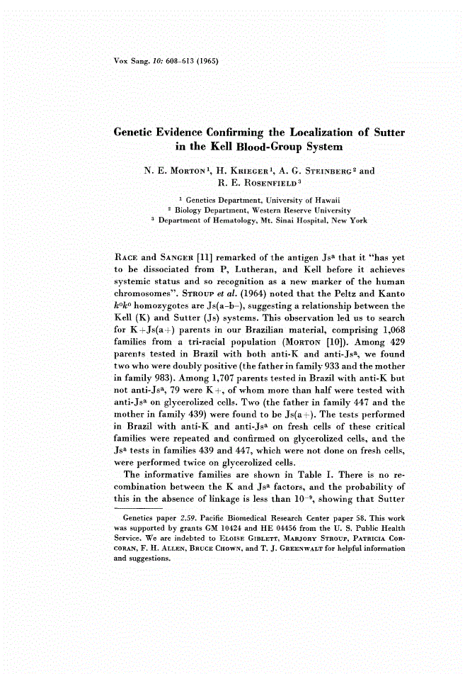 First page of Genetic Evidence Confirming the Localization of Sutter in the Kell Blood-Group System
