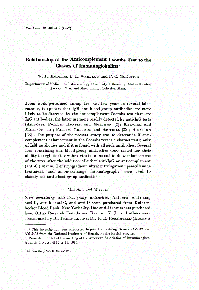 First page of Relationship of the Anticomplement Coombs Test to the Classes of Immunoglobulins