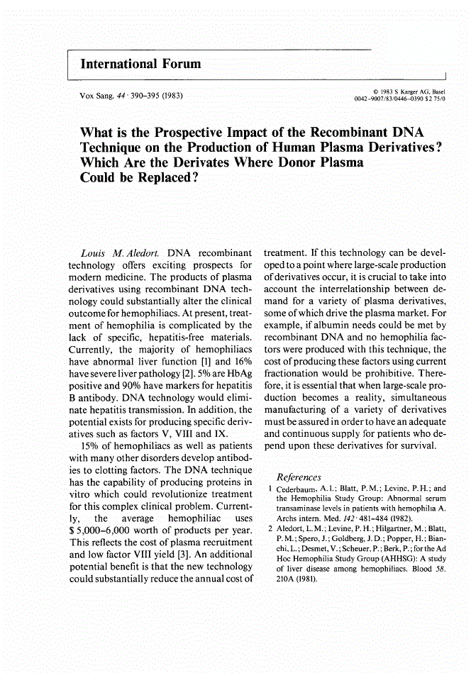 First page of What is the Prospective Impact of the Recombinant DNA Technique on the Production of Human Plasma Derivatives?Which Are the Derivates Where Donor Plasma Could be Replaced?