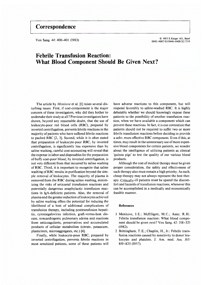 First page of Febrile Transfusion Reaction:What Blood Component Should Be Given Next?