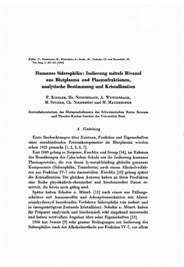 First page of Humanes Siderophilin: Isolierung mittels Rivanol aus Blutplasma und Plasmafraktionen, analytische Bestimmung und Kristallisation