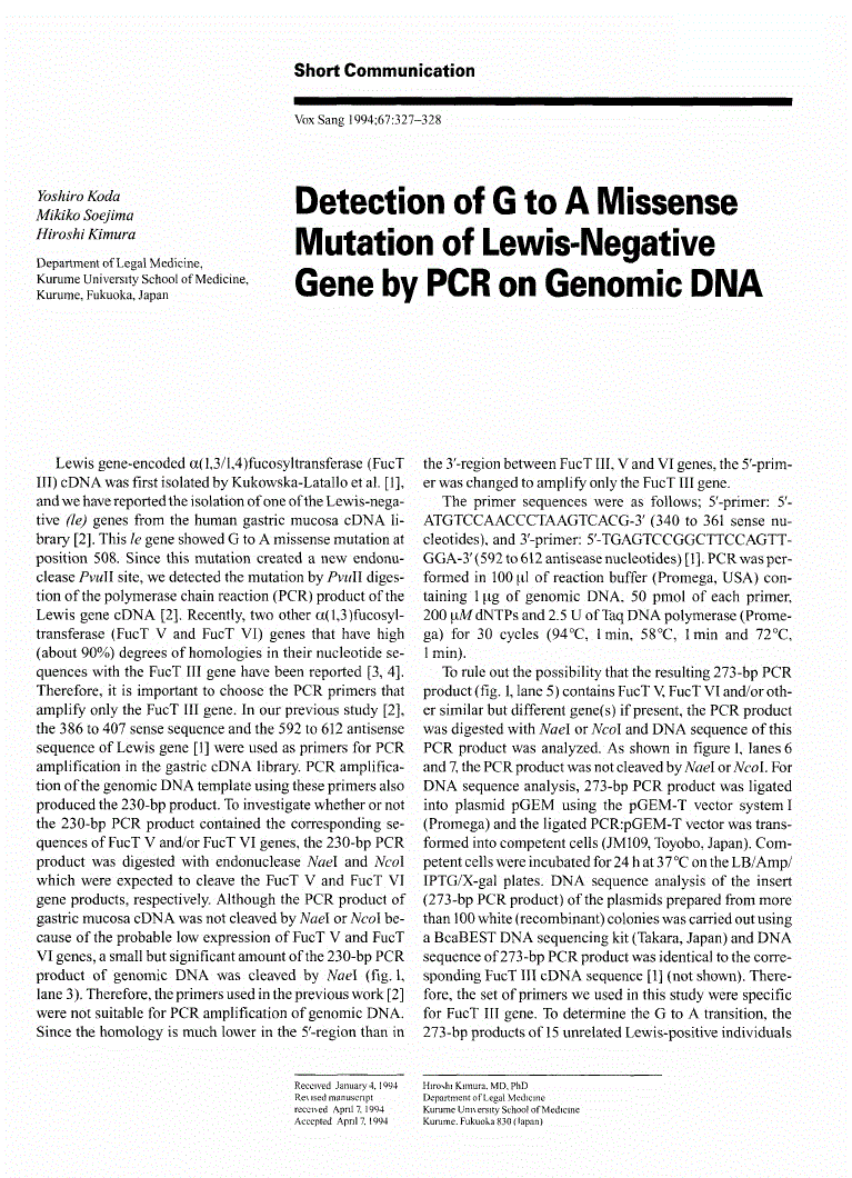 First page of Detection of G to A Missense Mutation of Lewis-Negative Gene by PCR on Genomic DNA