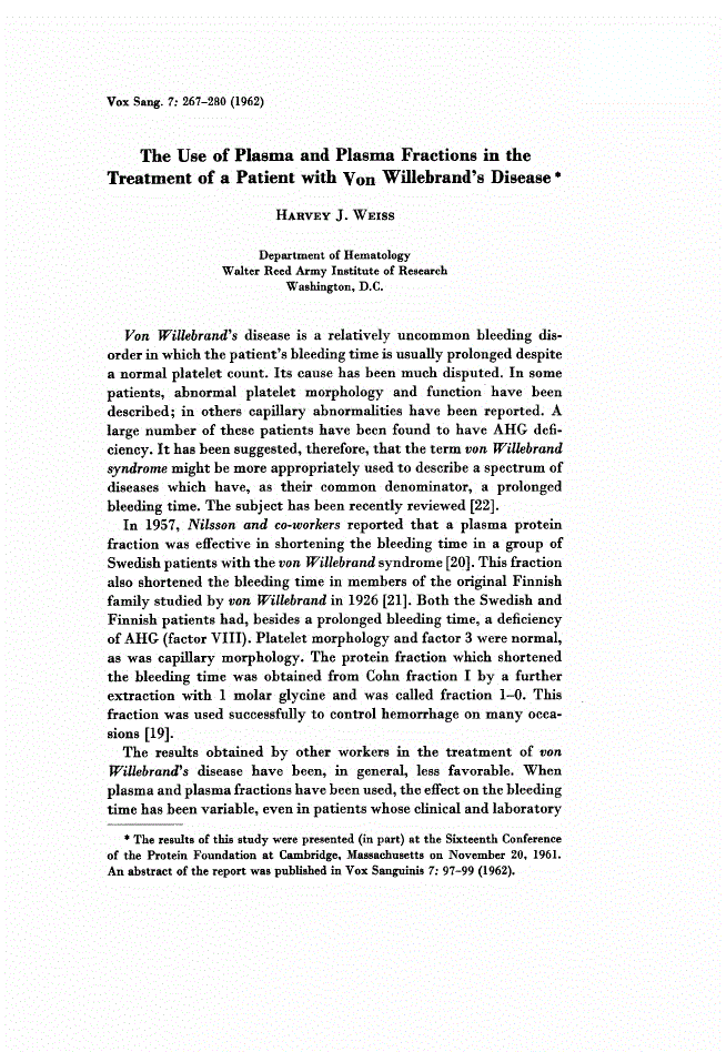 First page of The Use of Plasma and Plasma Fractions in the Treatment of a Patient with Yon Willebrand’s Disease