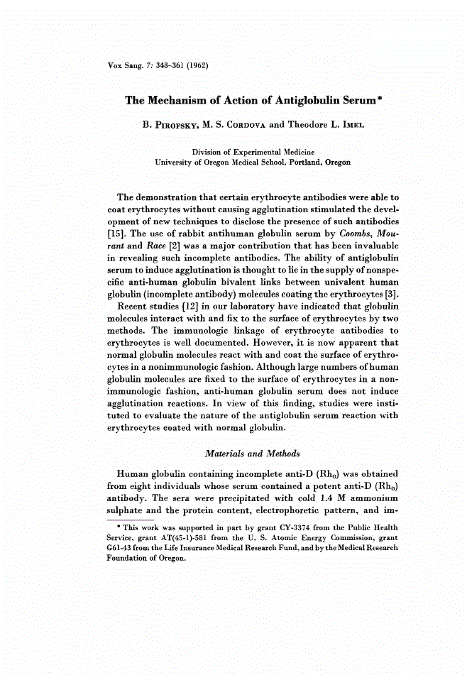 First page of The Mechanism of Action of Antiglobulin Serum