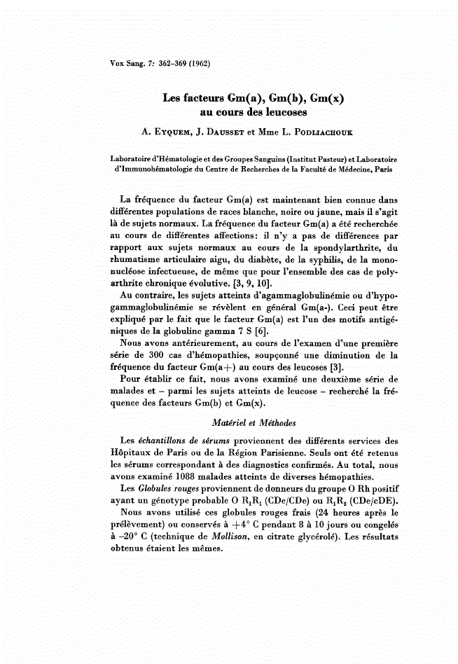 First page of Les facteurs Gm(a), Gm(b), Gm(x) au cours des leucoses