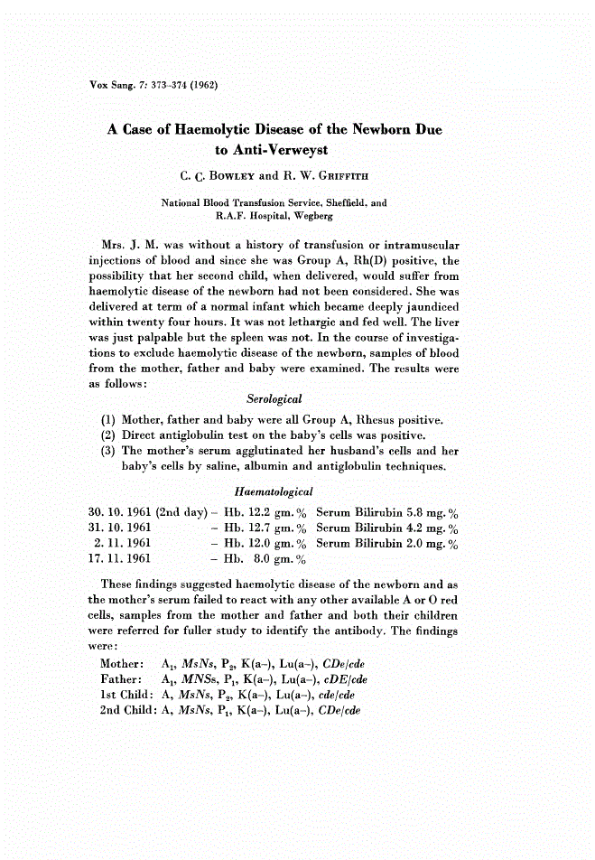 First page of A Case of Haemolytic Disease of the Newborn Due to Anti-Verweyst