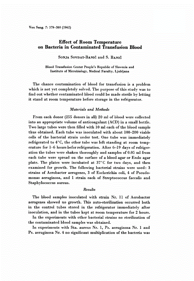 First page of Effect of Room Temperature on Bacteria in Contaminated Transfusion Blood